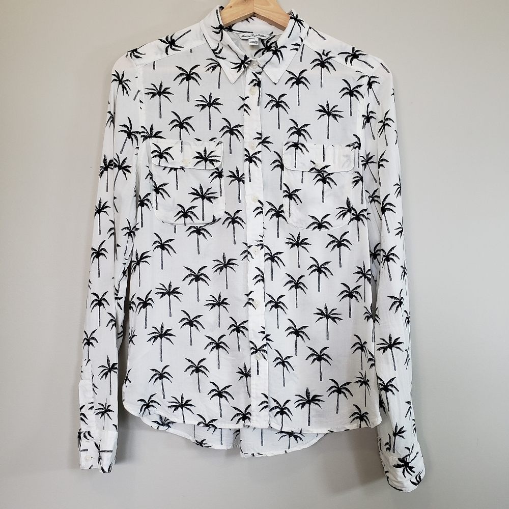 Ae Button Down Collared Palm Tree Blouse White - image 2